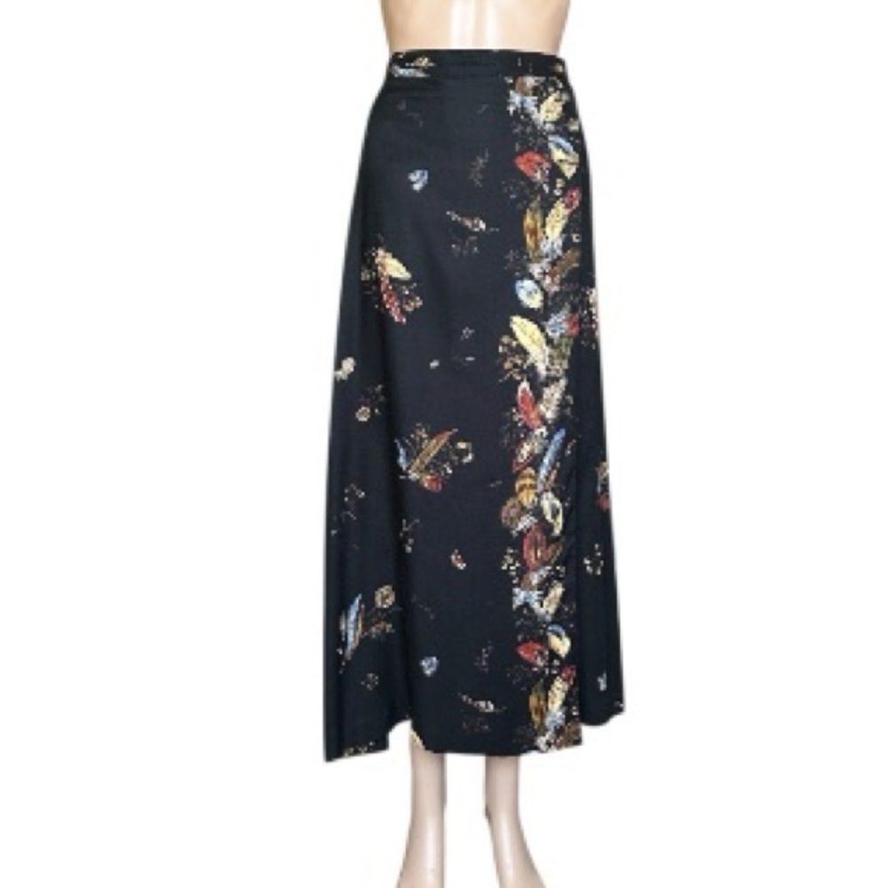 Vintage Susan Bristol USA Made Black Feather Floral Print Faux Wrap A-Line Skirt